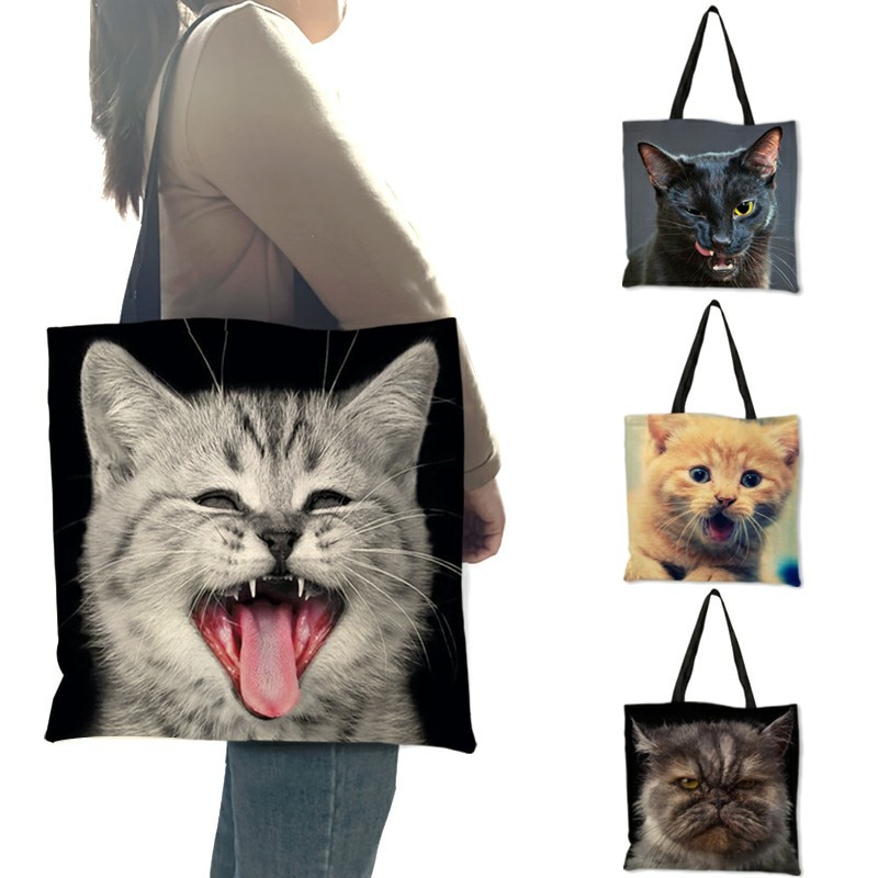 3 D Vivid Cat Herbruikbare Boodschappentas Vrouwen Casual Totes Zakken Met Print Linnen Handtassen