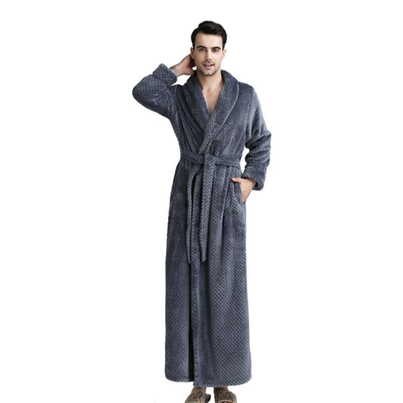 Tykk varm vinterbadekåpe herre myk som silke ekstra lang kimono badekåpe herre morgenkåpe til herre korallfløyelskåper: Grå / Xl
