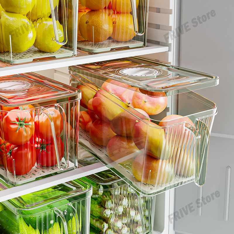 Caja de almacenamiento para refrigerador con mango de gran capacidad, cajas de almacenamiento transparentes apilables con tapas, caja de almacenamiento de frutas y verduras