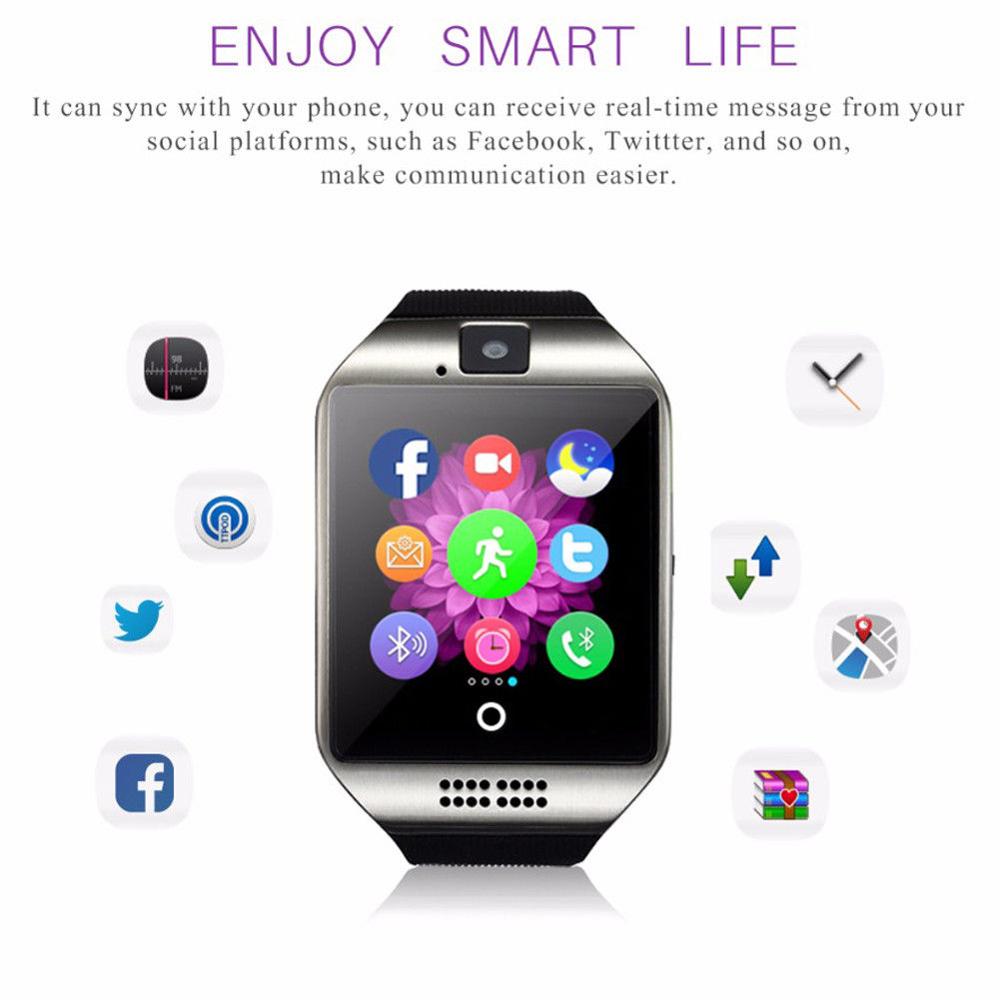 Q18 Bluetooth accorto guarda con fotocamera Facebook Whatsapp twitter sincronizzare SMS Smartwatch supporto SIM TF carta per IOS androide