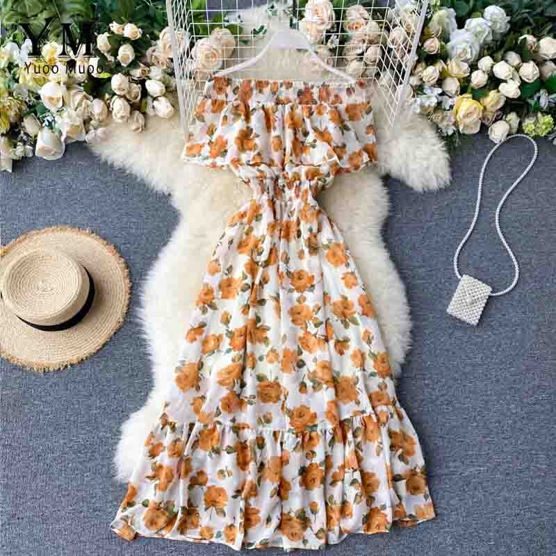 Yuoomuoo Bohemian Zomer Off Shoulder Bloemenprint Jurk Vrouwen Elegante Ruches Chiffon Lange Jurk Boho Mode Strand Jurk: WHITE