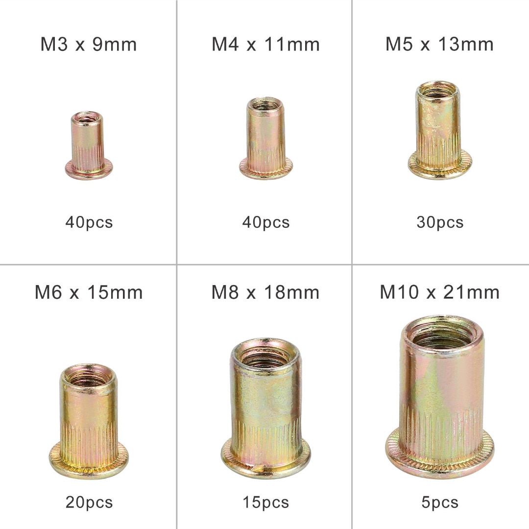 150pcs/box M3 M4 M5 M6 M8 M10 Multi Size Zinc Plated Steel Rivet Nuts Flat Head Fastener Set Nutsert Insert Riveting DIY