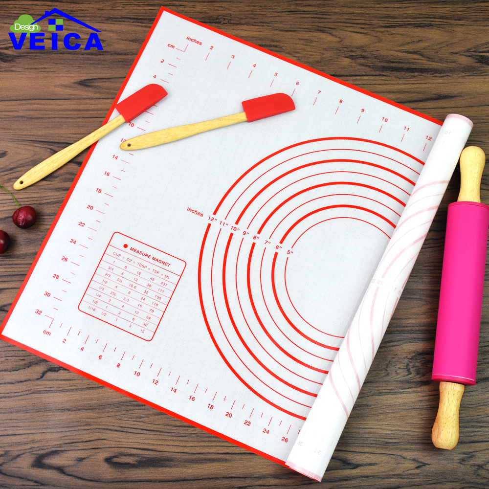 Tapete de silicona antiadherente para hornear, tapete de silicona para pasta y galletas, tamaño grande, rojo/Negro, 60x40cm, con medidas y conversiones