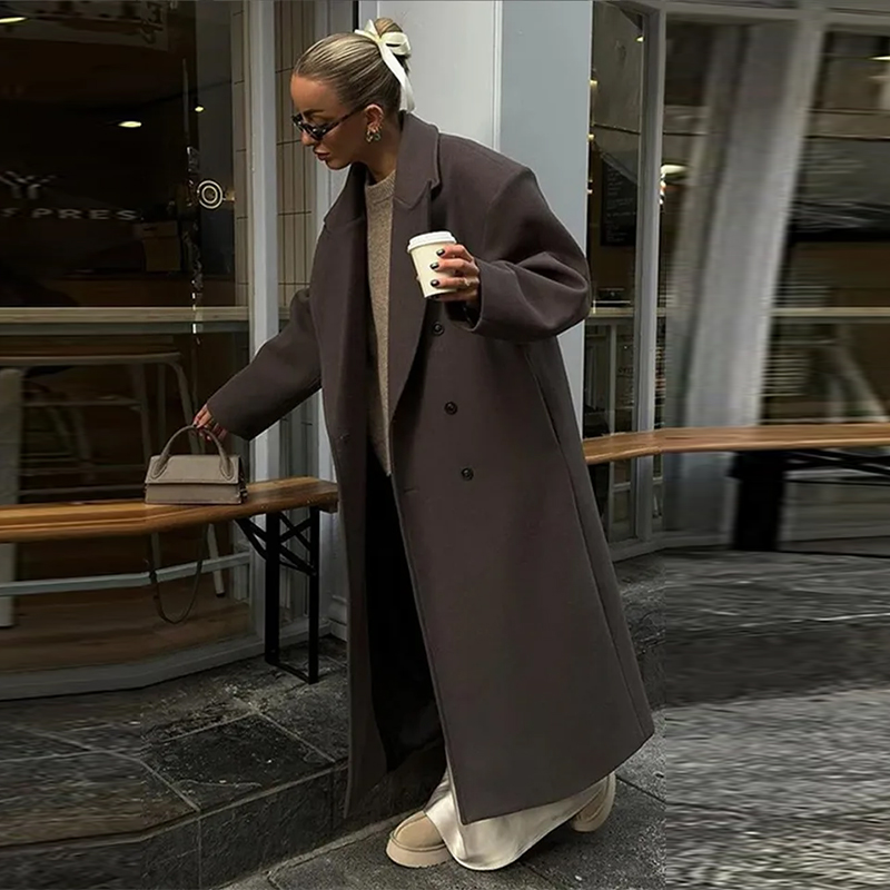 Damull långa kappor slag dubbelknäppta långärmade bruna överrockar höst vinter dam pendlingskläder ytterkläder: L / Armégrön