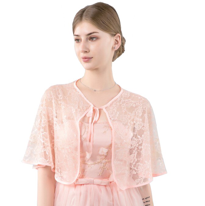 Black red Blush Lace Wedding Jacket Wrap Short Bridal Wraps Shawl Summer Women Evening Bolero Bride Capes Mariage: Peach pink