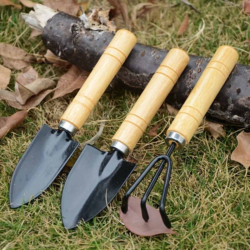 Mini herramientas hortícolas, juego de tres piezas para jardinería de plantas en macetas, mango de madera, herramientas agrícolas, rastrillo de pala