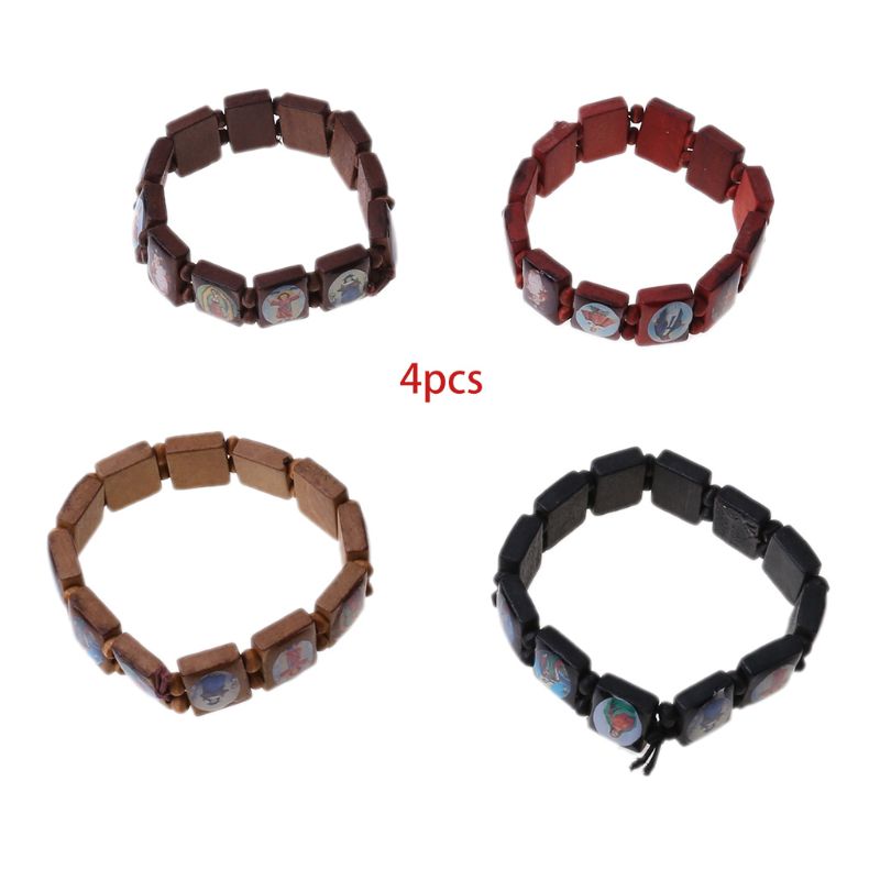 4Pcs Katholieke Sieraden Christian Levert Houten Icoon Elastische Bead Armband