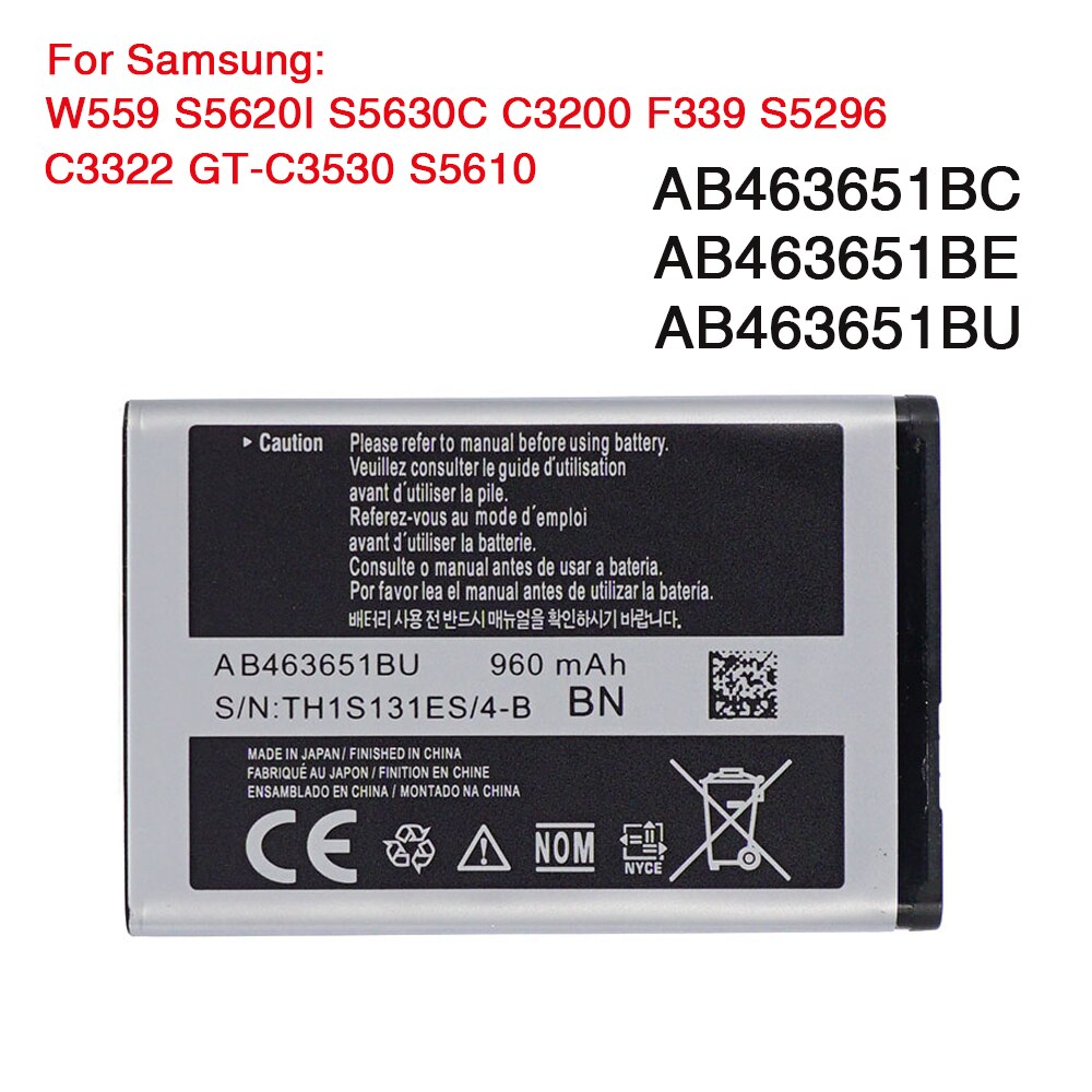 Original Batterie AB463651BU Für Samsung W559 S5620I S5630C S5560C C3370 C3200 C3518 J808 F339 S5296 C3322 L708E S5610 960mAh