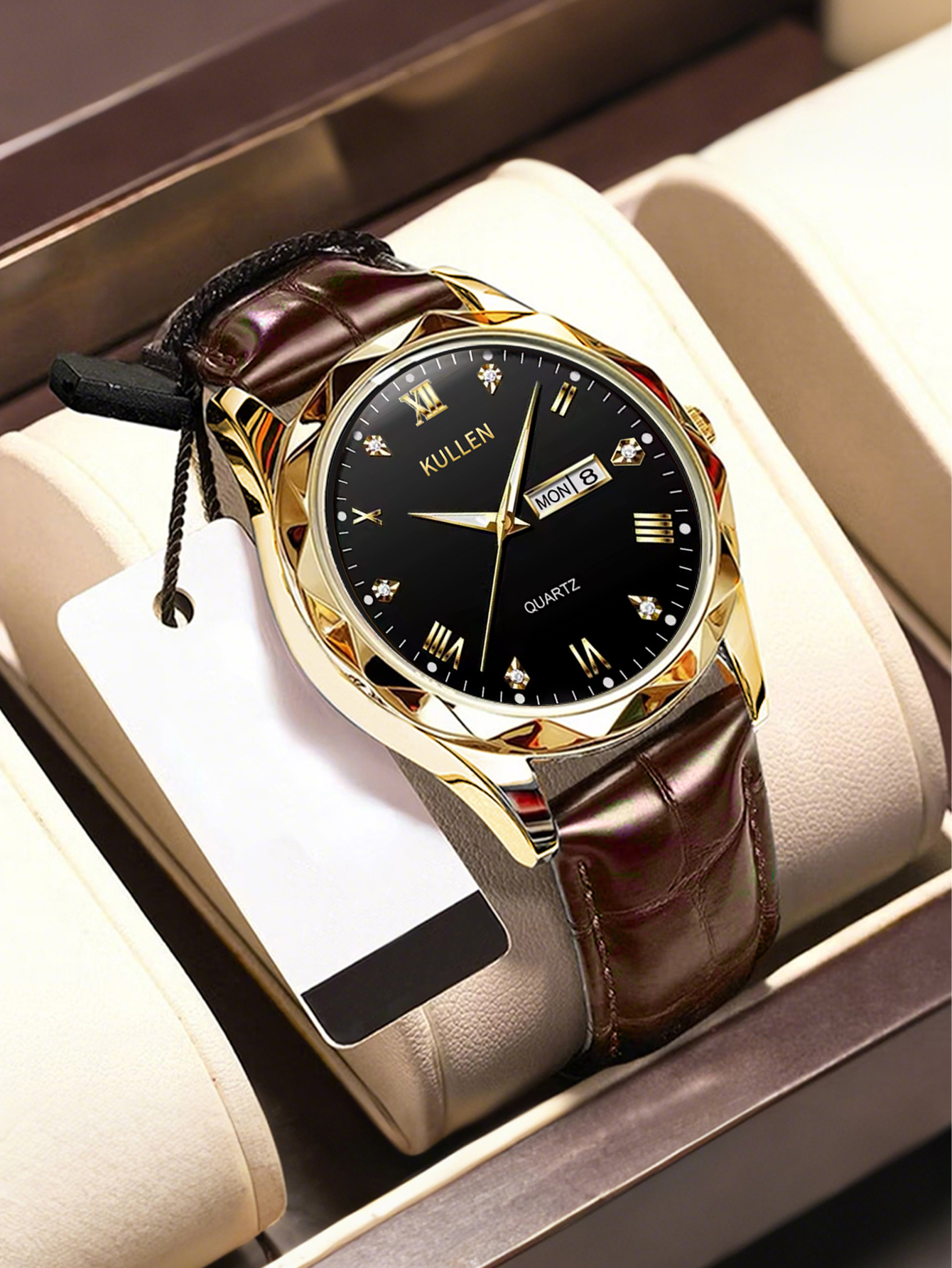 Men's Quartz Watch, Leather Strap, Round Metal Dial, Business Watch