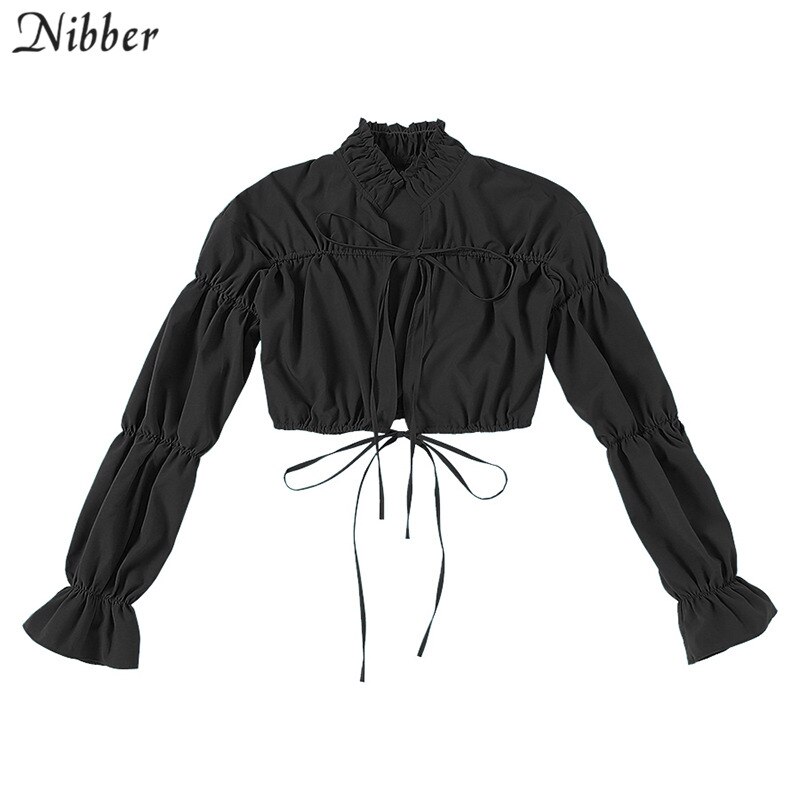 Nibber Sxey lace up Hollow puff sleeve tshirt for women fall Clothing O neck Ruffles long sleeve corp top mujer: Black / S