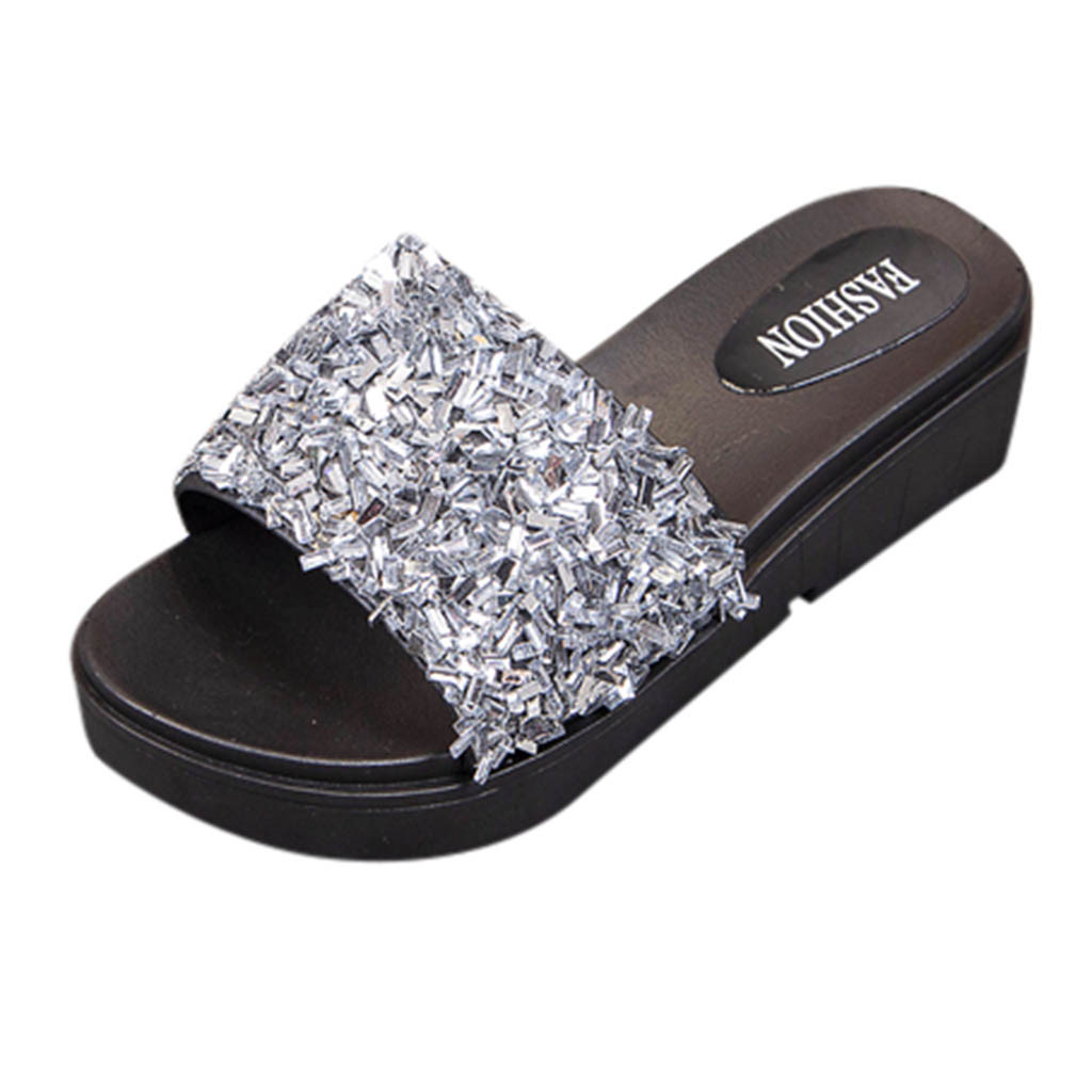 Chamsgend sandaler dam sommar strandskor halkfria plattbottna tofflor bekväma vilda utomhussandaler: Silver- / 40