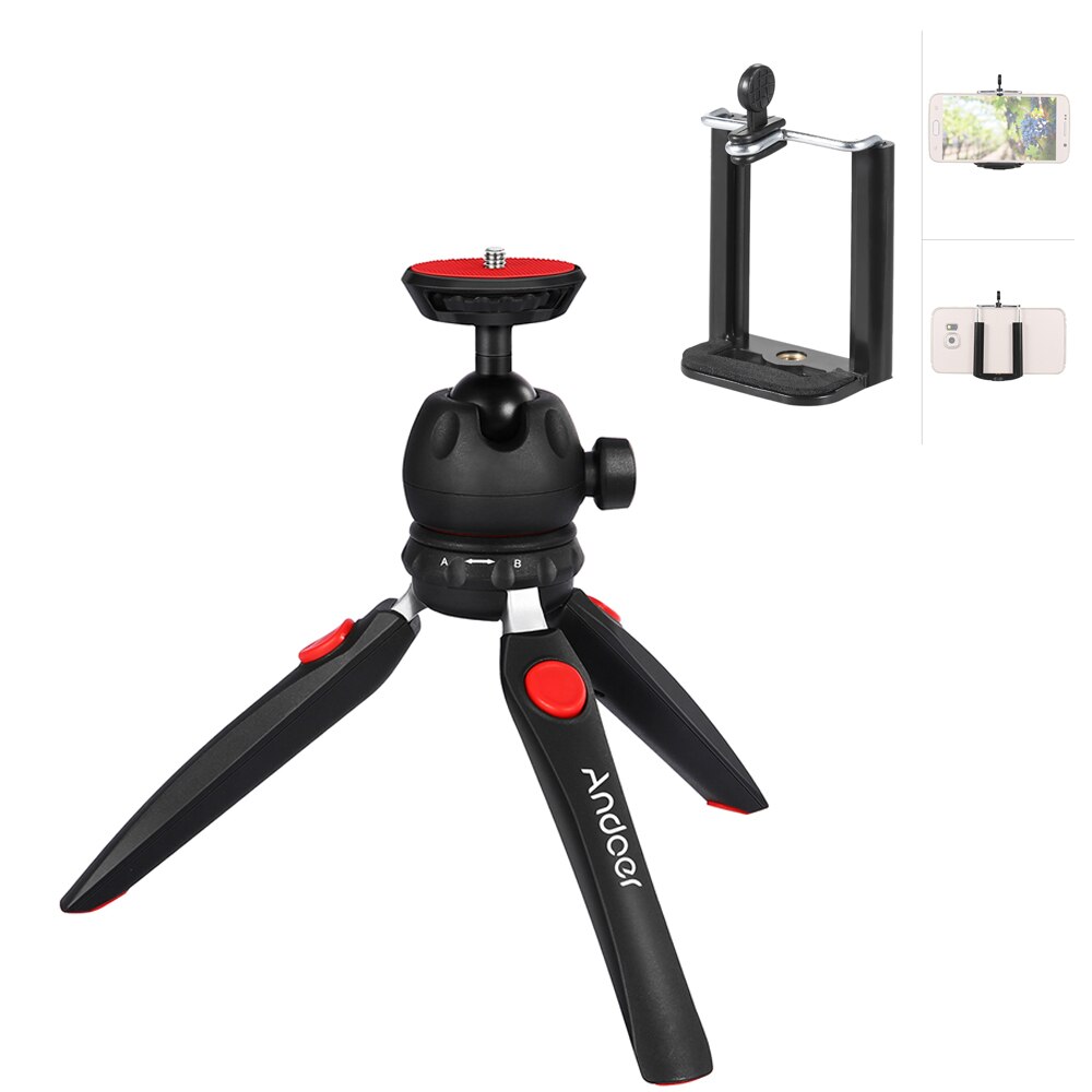 Andoer Mini Tripod Tabletop Telefoon Camera Statief Verwijderbare Ball Head voor DSLR/Mirrorless Camera 'S DV LED Video Light Smartphone: with phone clamp