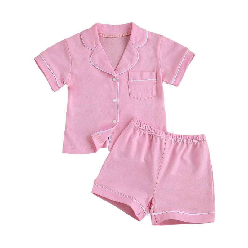 1-7Y Kleine Jongen En Meisje 2 Stuk Pyjama Pak, kinderen Effen Kleur Korte Mouw Knop Top, Korte Broek Past: Roze / 6T