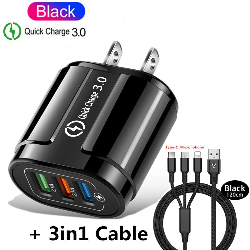 3 Poorten Snelle Usb Charger Cable Telefoon Snellader 3.0 5V 3A Eu/Us Plug Wall Charger Voor samsung Apple Iphone Sony Xiaomi Huawei: US 3in1 Cable  Black