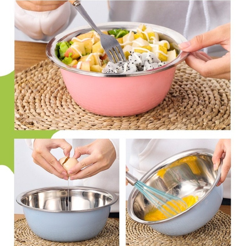 5PCS Stainless Steel Salad Bowl Drain Basket Drainer Mixing Bowls Set Kitchen Vegetables Fruit Washing Storage Container