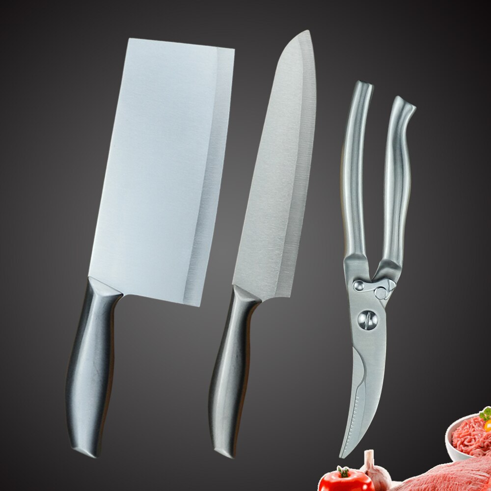 Stainless Steel Kitchen Knife Set 1-4PCS Chopping Cleaver Chef Knives Chicken Bone Scissor Cooking Tool Cutting Slicing Meat: 3PCS SET-C