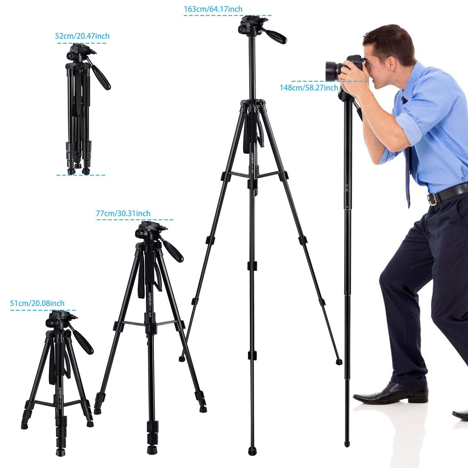 Andoer TTT-03 2-in-1 fotografia treppiede monopiede Stand in lega di alluminio 3-Way girevole Pan testa 163cm Max. Altezza 5kg capacità di carico