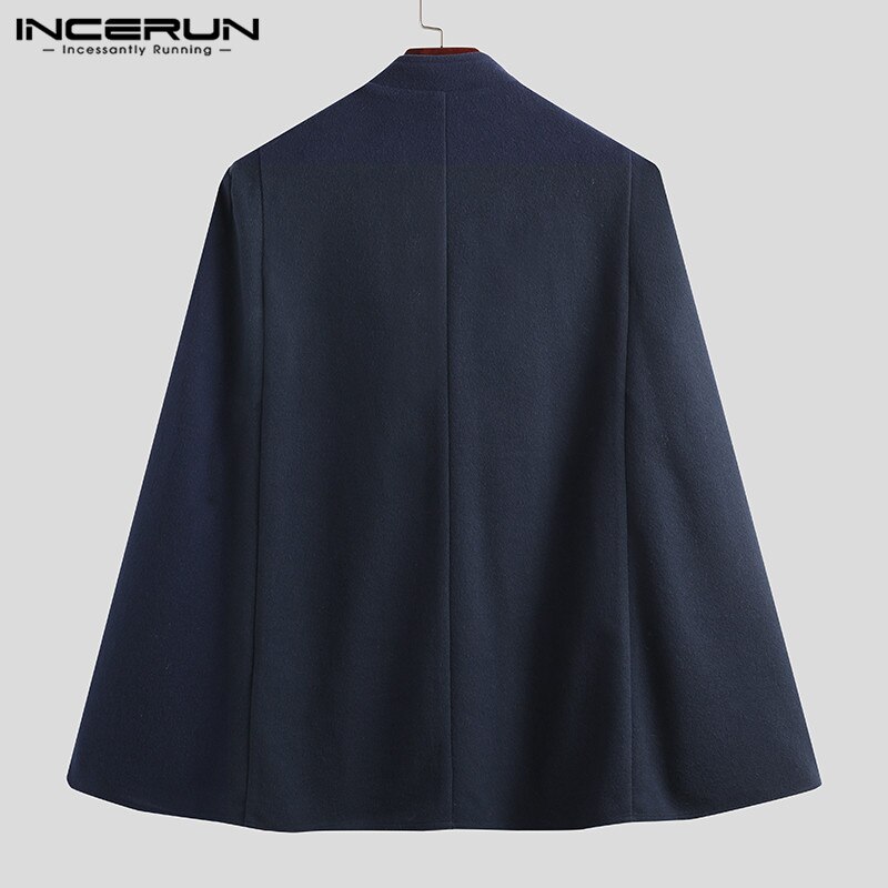 Men Cloak Coats Solid Color Double Breasted Trench Faux Fleece Blends Cape Stand Collar Mens Jackets Streetwear INCERUN