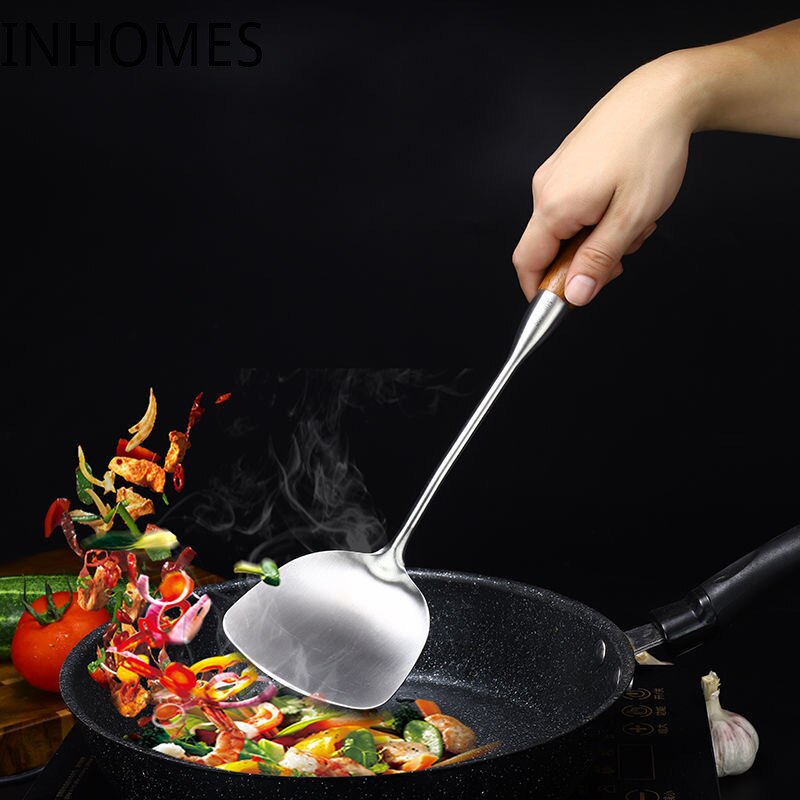 Rosewood Handle Stainless Steel Wok Spatula Skimmer Slotted Shovel Turner Rice Spoon Serving Utensil Set Kitchen Cooking Tools
