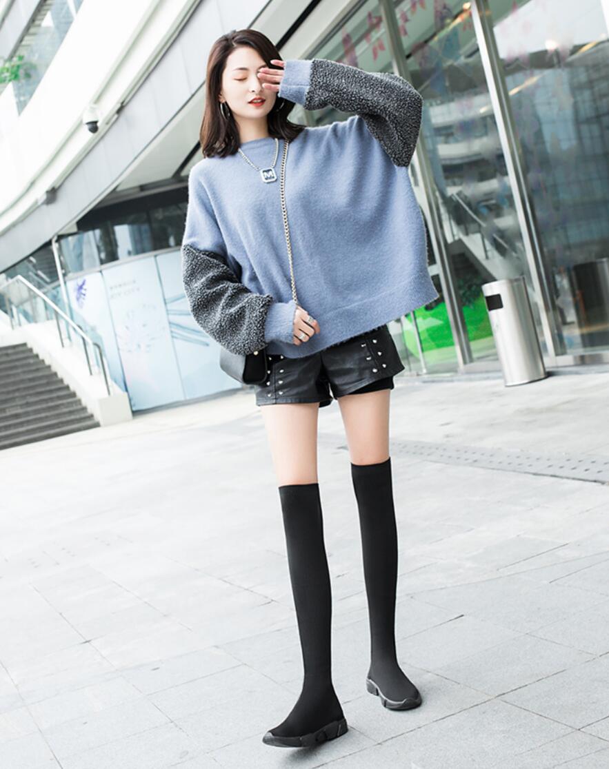 Koovan dam over the knee boots långa skor tjejer tunn resår hög dam boots plattor vilda strumpor skor sexiga: Helt svart / 5