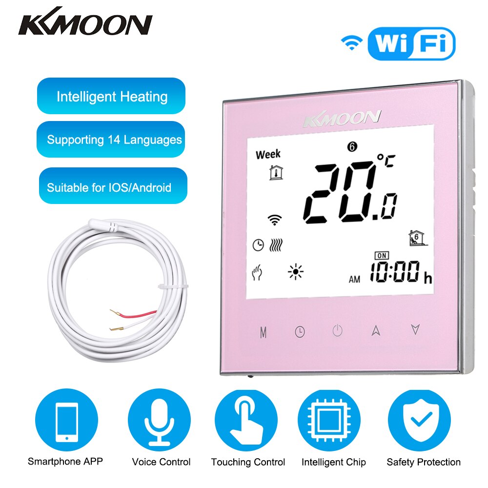 Kkmoon termostater digital gulv wifi opvarmningstermostat til varmesystem gulvluftsensor rumtemperaturregulator: Lyserød med wifi