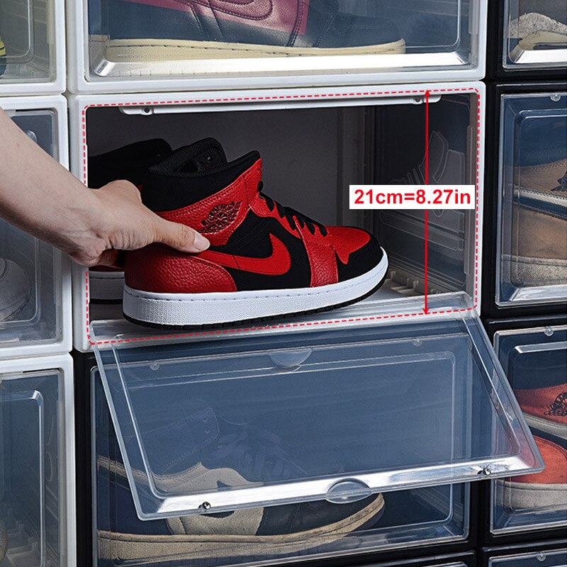 Dammtät aj sneakers förvaringslåda, härdad skolåda av plast, stapelbart skåp, höga skoorganisatörer, ställ , 2 st