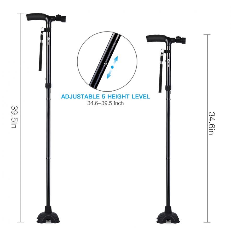 Self Standing Folding Walking Cane Lightweight Walking Stick with LED Light and Cushion Handle Adjustable Height 150-190cm