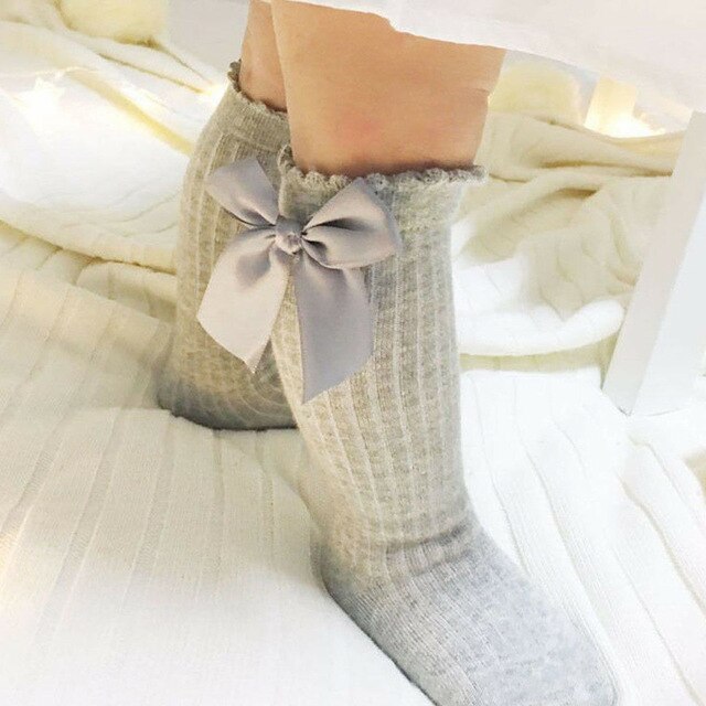 0-4Y Infant Baby Girl Socks Knee High Bows Princess Socks Cute Long Tube Booties Socks 5 Colors: Gray / S