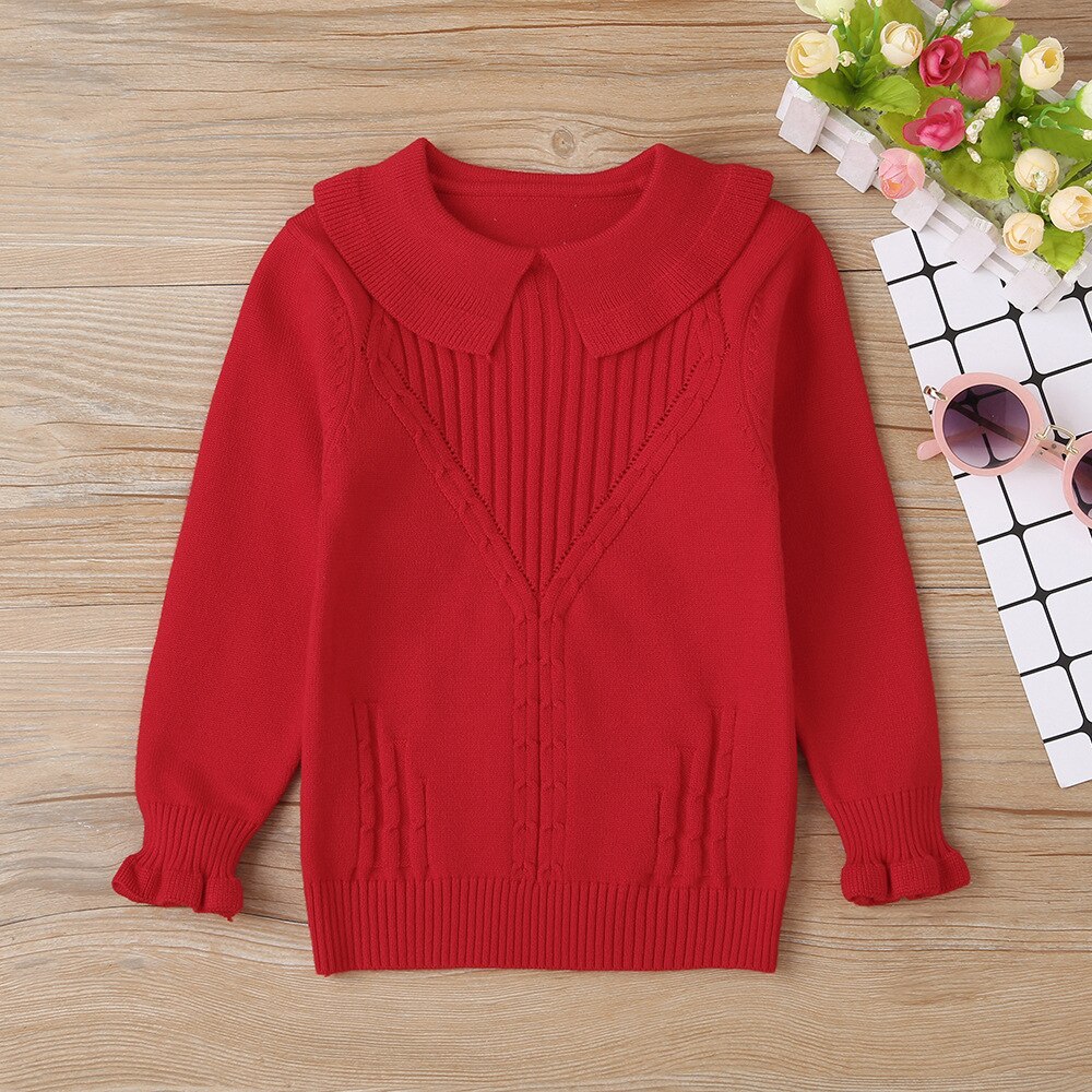 Winter freundlicher lässig Baumwolle Gestrickt Lange Ärmel O Hals Drehen-unten Kragen rot Feste Beiläufige Baby Mädchen T-Shirt 0-2T