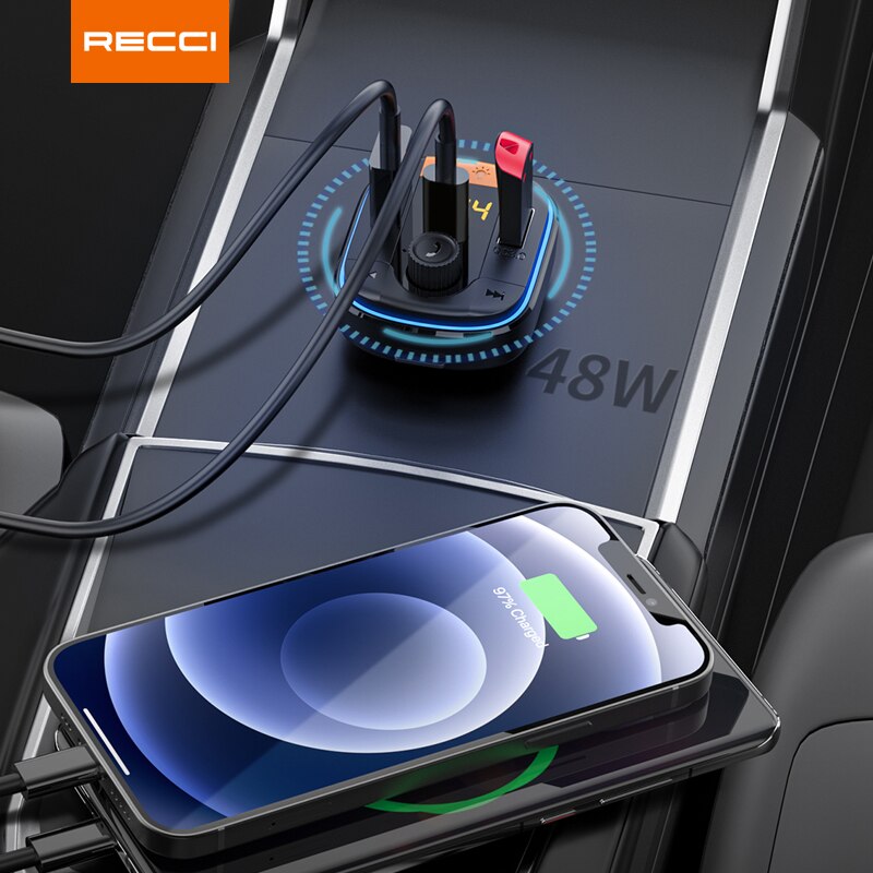 Recci  rq01 multifunctional wireless car  mp3 player bluetooth dual usb fm transmitter 48wpd fast charging