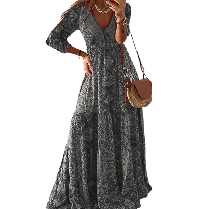 Robe longue à manches 3/4 pour femme, style bohème européen et américain, taille haute, col en V, imprimé fleuri fragmenté,: XXL / GRIS