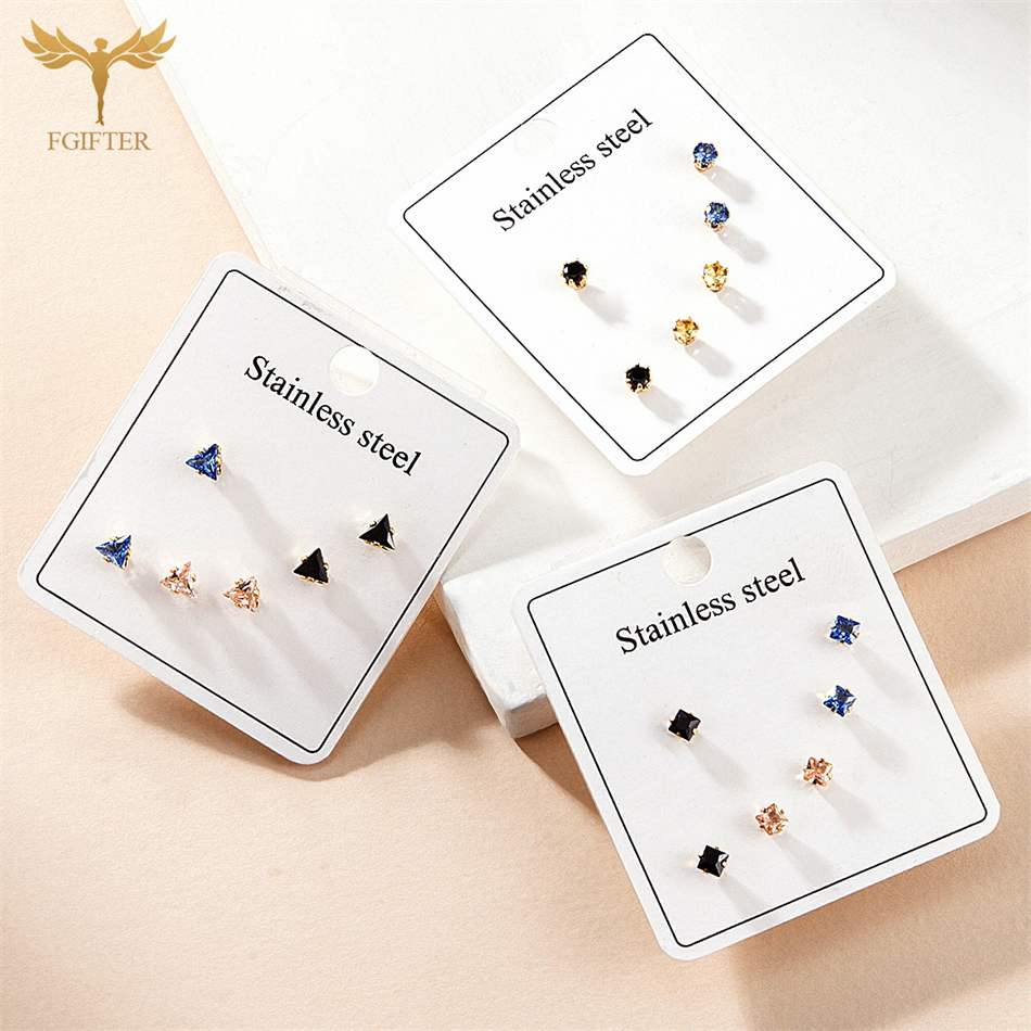 Juego de 3 pares de pendientes de cristal de acero inoxidable para mujer, aretes geométricos de circonita cúbica, joyería para Piercing de lóbulo de Color dorado y plateado