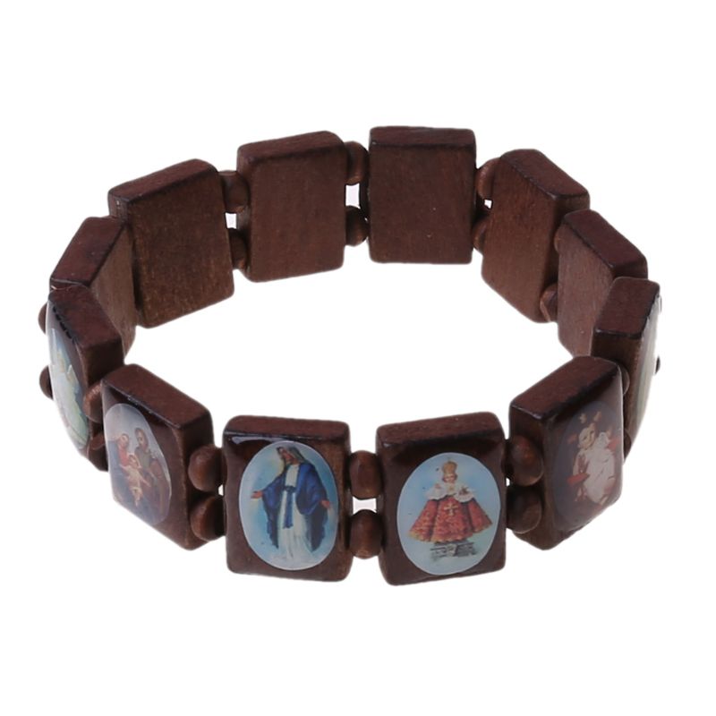 4Pcs Katholieke Sieraden Christian Levert Houten Icoon Elastische Bead Armband