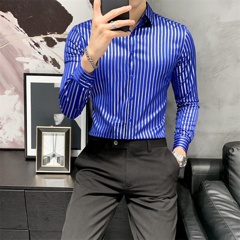 Efterår lange ærmer stribede skjorter til mænd koreansk slim fit afslappet bluse homme formelt slid herrer smoking kjole