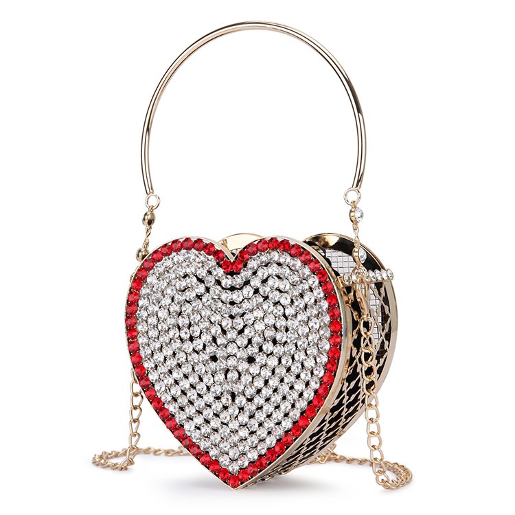 Bolso de mano de lujo con forma de corazón de diamante para mujer, cartera de mano con cadena de diamantes de imitación, ahuecada jaula de Metal, novedad: Negro