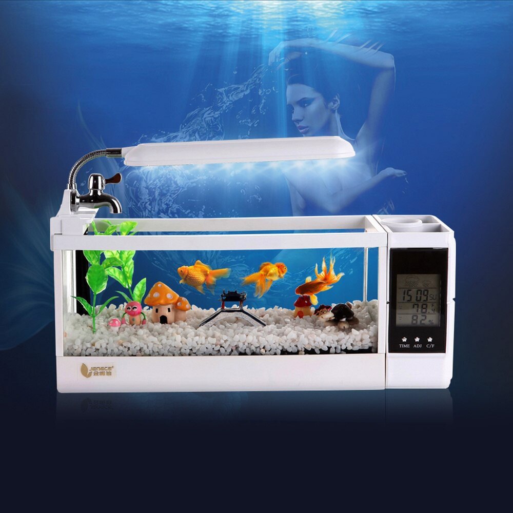 Mini Betta Fish Tanks Aquarium LED Lighting Fish Tank with Pen Holder LCD Display Screen and Clock Mini Aquarium Pecera