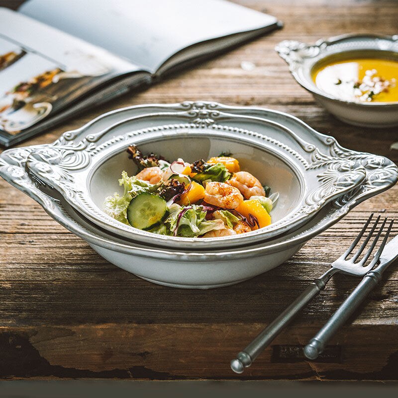 European Style Flat Plate Western Steak Plate Embossed Dinnerware Set Christmas Salad Bowl Pure White Tray Bone China Dinner Set