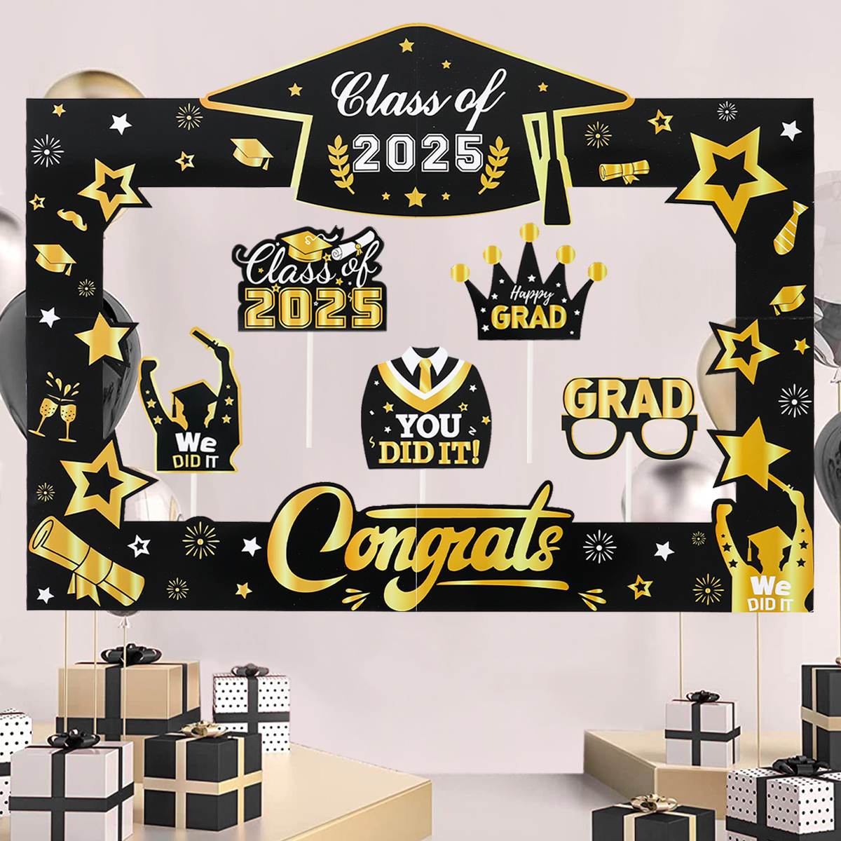 Bannière de cadre d'accessoire de photomaton de remise des diplômes, arrière-plan de prise de vue photo, décor de fournitures d'accessoires, classe de 2025, fête des diplômés, 2025