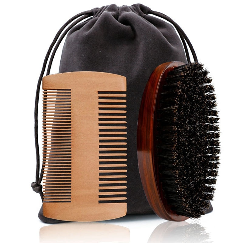 Wood Beard Kit Beard Brush Set Double-Sided Styling Comb Scissor Repair Modeling Cleaning Care Kit for Men