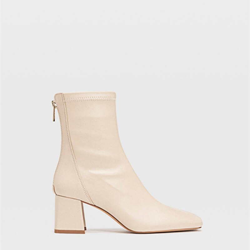 Chunky støvler til kvinder beige mid-kalv støvler efterår vinter lynlås støvler martin kvindelige støvler: Beige / 35