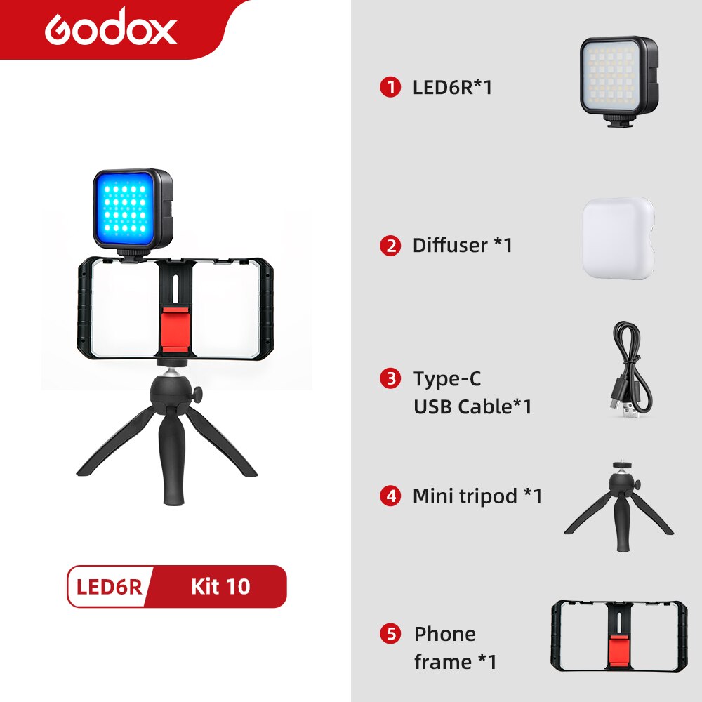 Godox LED 6R RGB Video Licht, dimmbar 0-360 Voll Farbe 3200K-6500K 13 FX Effekte Gebaut-in 1800mAh Li-Ion batterie für Video Licht: Bausatz 10