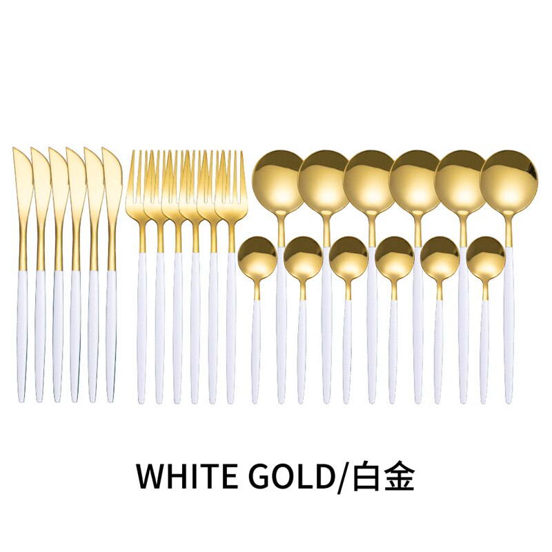Couverts en acier inoxydable, 24 pièces, service de table, cuillère, couteau, fourchette, couteau, portugais occidental: WhiteGold
