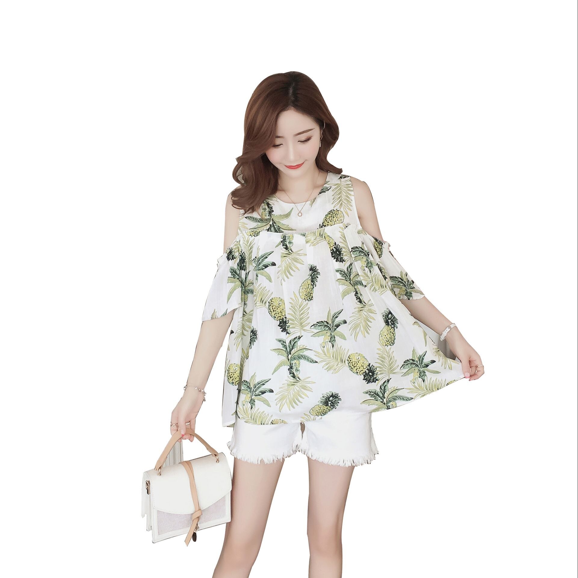 Off-the-shoulder bomullslinne kortärmade shorts gravida kvinnor blommiga skjortor plus size axellösa blusar söta