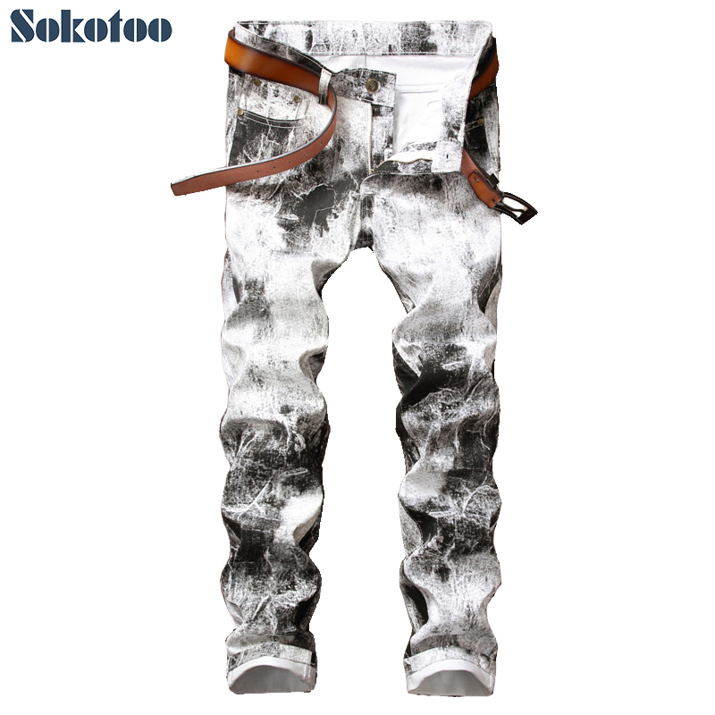 Sokotoo mænds blækmalede hvide print bukser slim stretch denim jeans