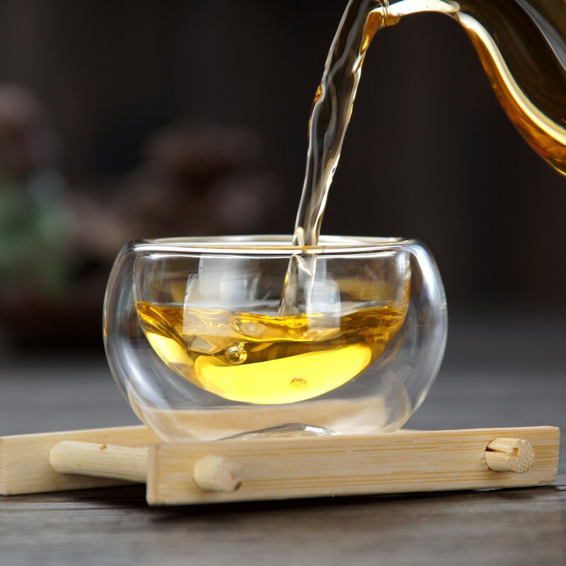 Dubbelwandige glazen theekop, drinkbeker met bloemenmotief, kungfu-drinkgerei