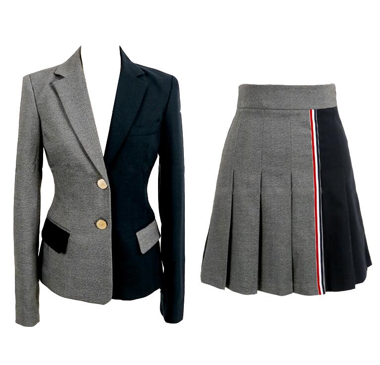 Conjuntos de ropa Chic de otoño para mujer, ropa de trabajo, chaqueta de retazos negra y gris, conjunto de dos piezas para mujeres, traje de oficina SL001: XL