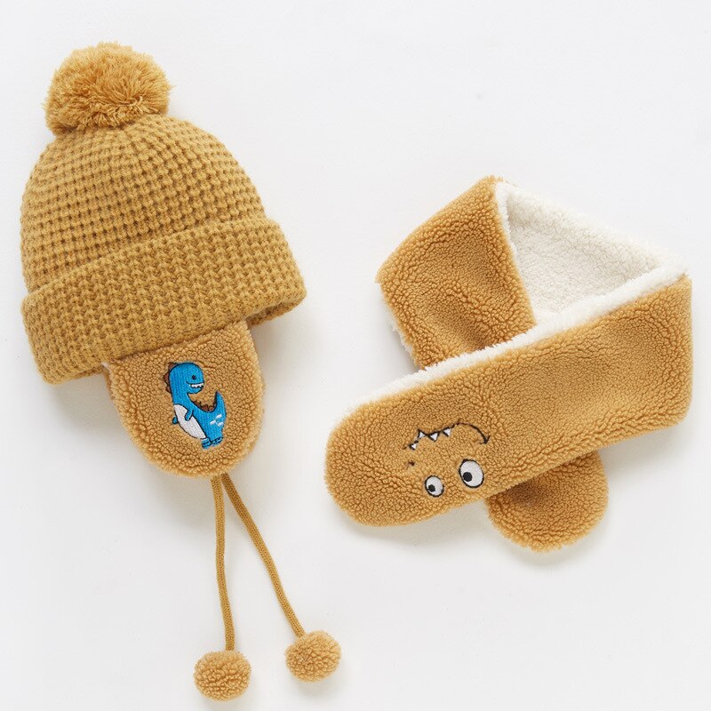 Traje de cuello y gorro de bombardero para bebé, otoño e invierno, dibujos animados para niños, niño y niña, juegos de gorro y bufanda gruesos y cálidos: animal yellow