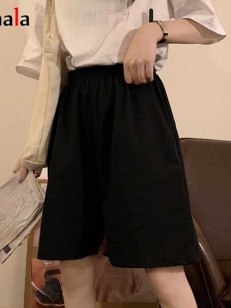 Korean pure cotton gray black women shorts casual regular loose Big size straight solid elasticity jogger shorts female