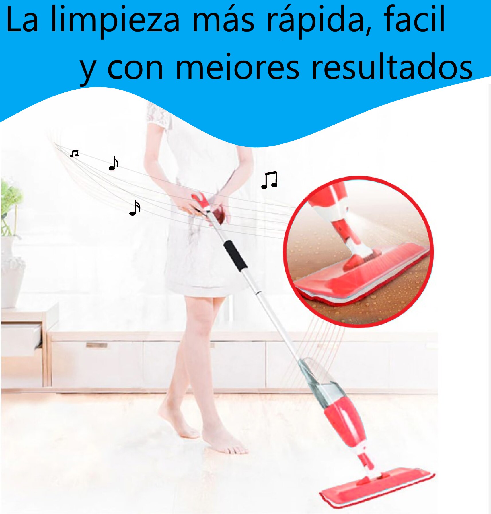 Mopa Fregona Spray Pulverizador para Limpieza de Suelos de Parquet, Tarima, Azulejo, Baldosa, Vinilo, Laminados, Madera o Cerámicos, 2 Paños de Microfibras, Depósito 650 ml, Rasqueta y Giro de 360°