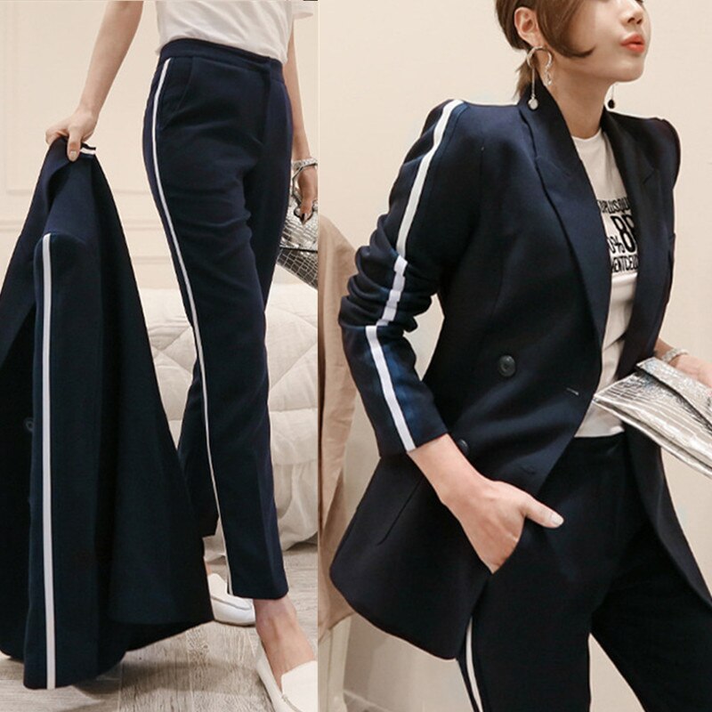 Korean version of the ladies temperament Slim simple double-breasted suit jacket pants suit